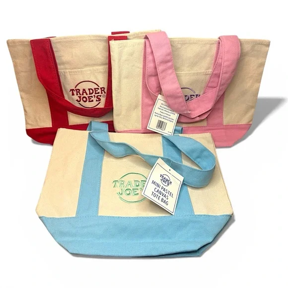 Trader Joe’s Mini Canvas Tote Bags— 2 Pastels (Pink & Blue) + 1 Red (3 total) - Picture 1 of 11